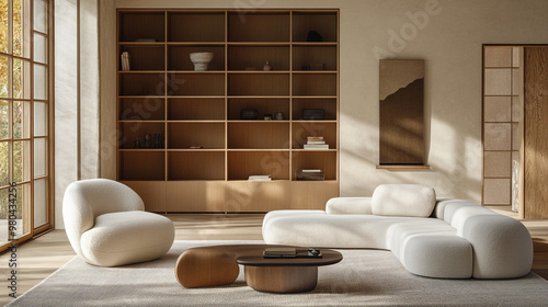 Beige Couch and Minimalist Frame Mockup in Living Room, living room decor, In a modern home decor, the living room boasts a fashionable interior featuring a modular sofa with a sleek design.