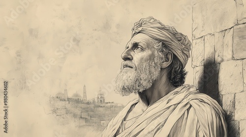 The Final Reflection: Manasseh Contemplates His Journey from Sin to Redemption Over a Peaceful Jerusalem, Biblical Illustration, Beige Background