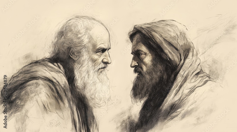 Samuel’s spirit confronting Saul, conveying themes of fate, sorrow, and the tragic realization of his end, set in a solemn beige background Samuel’s spirit confronting Saul, conveying themes of fate, sorrow, and the tragic realization of his end, set in a solemn beige background