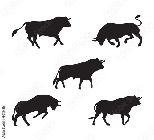 Set of bull silhouettes in charging poses
