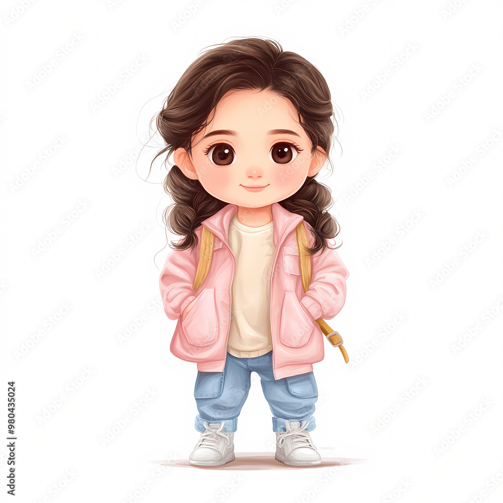 A young girl wearing a pink jacket and blue jeans is standing in front of a white background. She is smiling and holding a backpack A young girl wearing a pink jacket and blue jeans is standing in front of a white background. She is smiling and holding a backpack