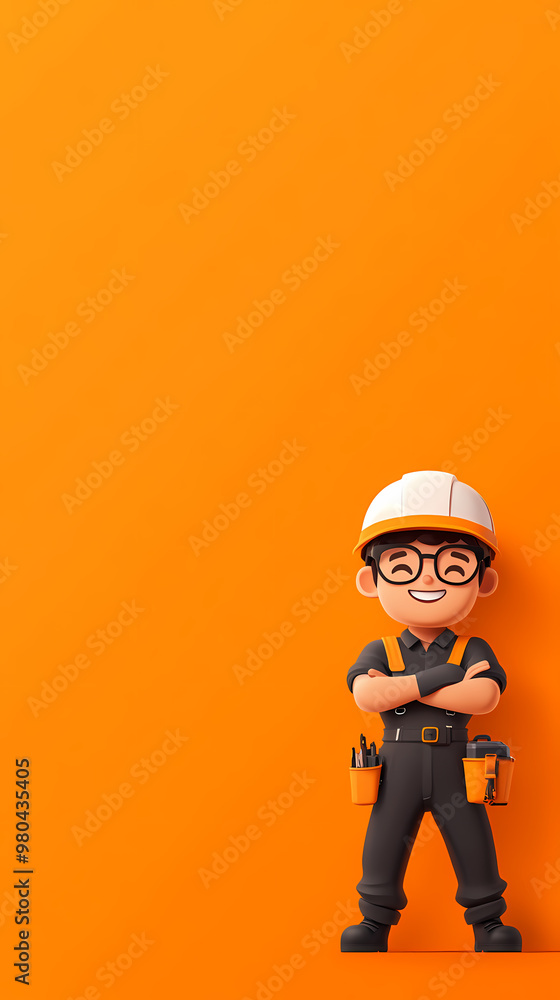 A cartoon man in a construction outfit is standing in front of a bright orange background. He is wearing a hard hat and a pair of glasses A cartoon man in a construction outfit is standing in front of a bright orange background. He is wearing a hard hat and a pair of glasses