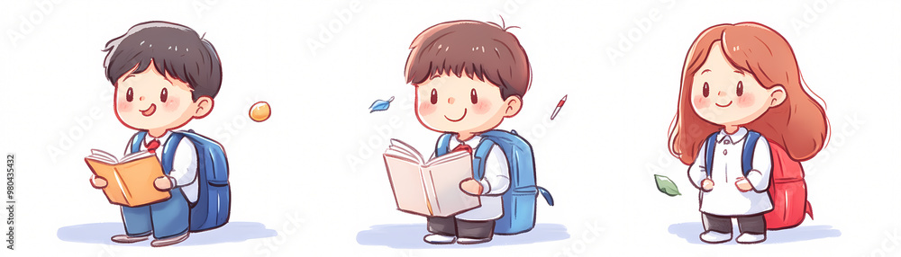 Three children are sitting and reading books. One of them is holding a book in his hand. The scene is cheerful and lighthearted, with the children enjoying their time reading