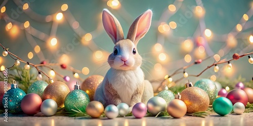 Wallpaper Mural Vibrant Easter bunny surrounded by sparkling Christmas ornaments, garlands, and lights, set against a soft, pastel-colored background, with ample space for text or logos. Torontodigital.ca