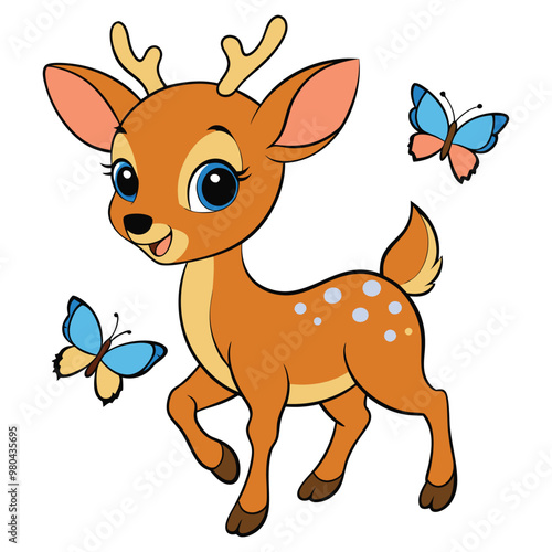 Cute baby deer and butterflies vector illustration