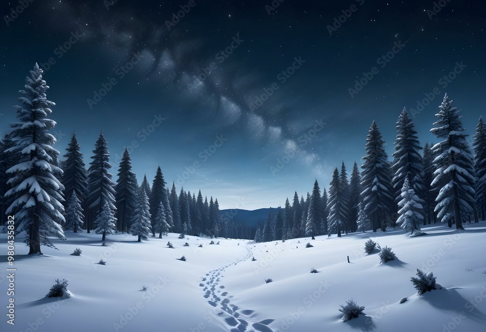 A snowy winter landscape with a forest of pine trees covered in snow under a starry night sky. The foreground is a vast expanse of snow-covered ground. A snowy winter landscape with a forest of pine trees covered in snow under a starry night sky. The foreground is a vast expanse of snow-covered ground.