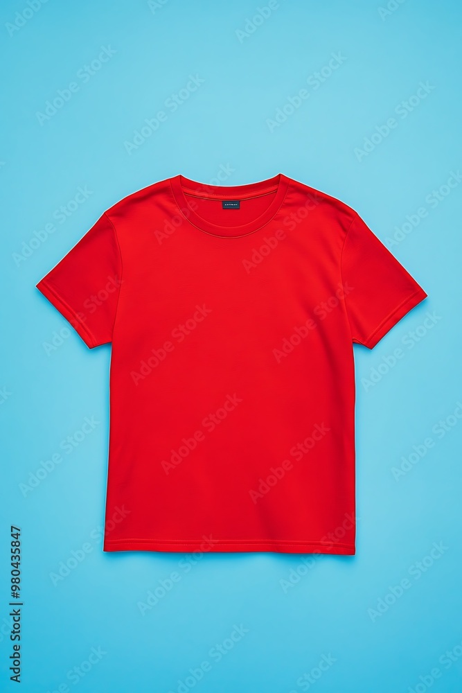 A vibrant red T-shirt mockup isolated on a light blue background, with space for custom text in the upper right corner, ideal for highlighting design elements. A vibrant red T-shirt mockup isolated on a light blue background, with space for custom text in the upper right corner, ideal for highlighting design elements.