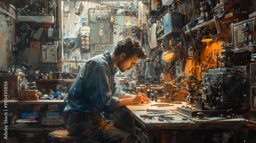 Man in a cluttered workshop writing at a workbench with tools and machinery AI generative. . Man in a cluttered workshop writing at a workbench with tools and machinery AI generative. .