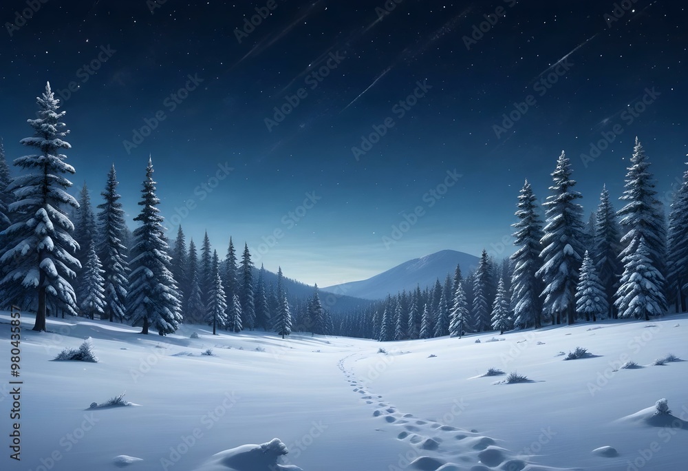 A snowy winter landscape with a forest of pine trees covered in snow under a starry night sky. The foreground is a vast expanse of snow-covered ground. A snowy winter landscape with a forest of pine trees covered in snow under a starry night sky. The foreground is a vast expanse of snow-covered ground.