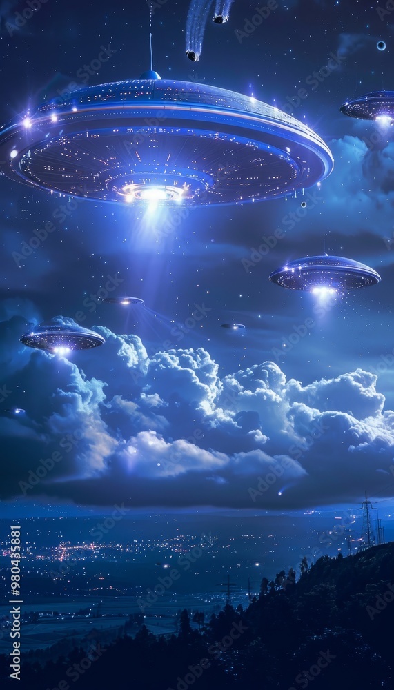 A majestic sky illuminated by mysterious flying objects against a deep blue backdrop A majestic sky illuminated by mysterious flying objects against a deep blue backdrop