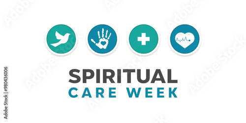 Spiritual Care Week. Bird, hand, love, plus icon and heart. Great for cards, banners, posters, social media and more. White background.