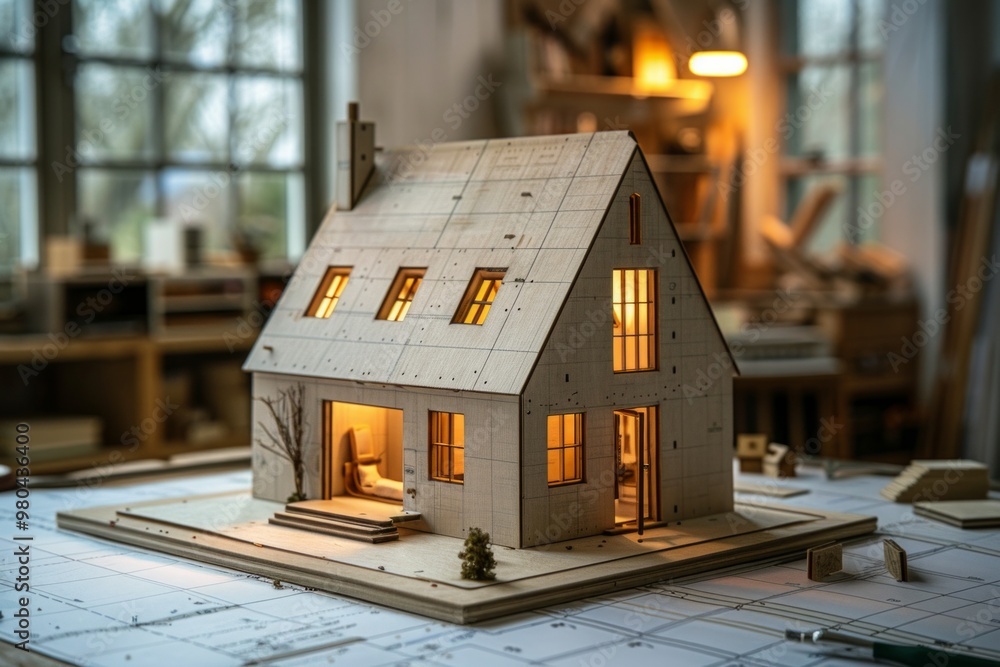 A wooden model house with lit windows sits on blueprints. AI generative. . A wooden model house with lit windows sits on blueprints. AI generative. .