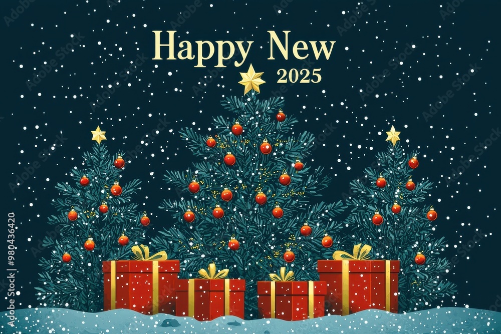 Festive Christmas trees and gifts with 'Happy New 2025' text against starry night sky Festive Christmas trees and gifts with 'Happy New 2025' text against starry night sky