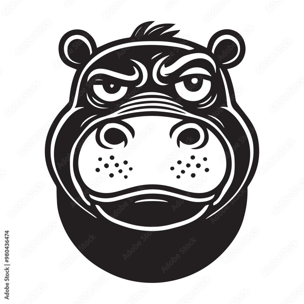 Obraz premium Hippopotamus face outline design, Hippopotamus head vector illustration in black and white