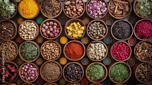 A colorful array of spices and herbs. Colorful spices, nuts, seeds, dried fruits, and herbal flowers. Seasoning spices background. Culinary traditions. Spices for cooking. Natural ingredients. Healthy