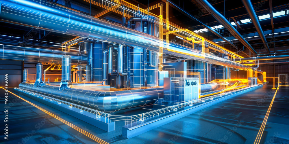 Futuristic Industrial Piping in a High-Tech Factory Environment with Blue Glowing Lines at Night Futuristic Industrial Piping in a High-Tech Factory Environment with Blue Glowing Lines at Night