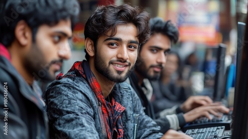 Young Indian Men Working on Computer in Internet Cafe