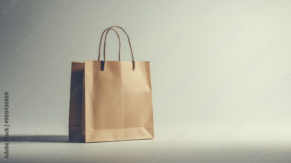 A paper shopping bag sits on a blank background with soft lighting, highlighting its material and design. No logo, no people. A paper shopping bag sits on a blank background with soft lighting, highlighting its material and design. No logo, no people.