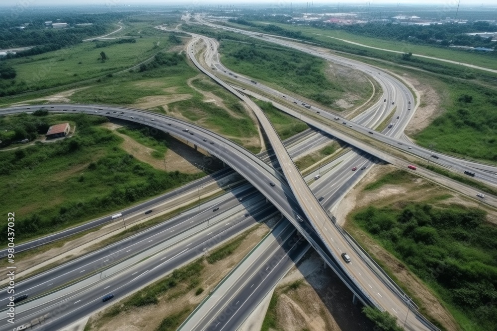 Aerial view of an overpass with cars driving on a highway. AI generative. . Aerial view of an overpass with cars driving on a highway. AI generative. .
