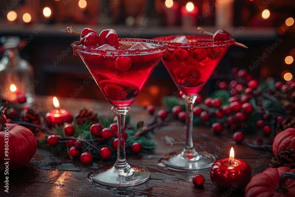 Two red cocktails with cherries and ice in martini glasses on a wooden table surrounded by red berries and candles. AI generative. . Two red cocktails with cherries and ice in martini glasses on a wooden table surrounded by red berries and candles. AI generative. .