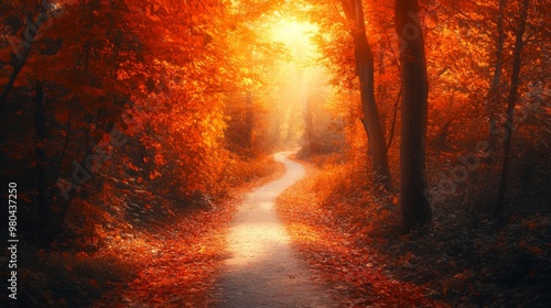 A secluded path meanders through a forest filled with brilliant autumn colors, as warm sunlight filters through the trees. The ground is covered in fallen leaves, enhancing the serene atmosphere.