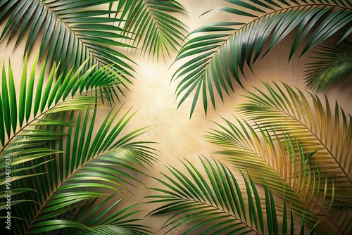 Soft beige background with subtle shadows, adorned with lush green palm leaves, creating a serene and calming tropical atmosphere, perfect for relaxation and tranquility.