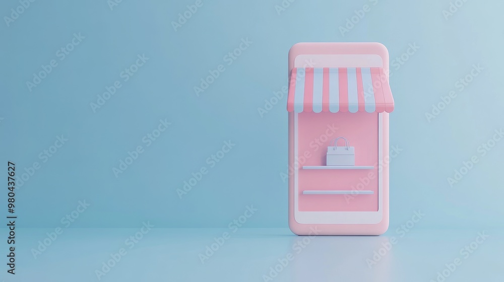 Minimalist 3D illustration of a smartphone with an online store app, set against a pastel blue background. No logo, no people. Minimalist 3D illustration of a smartphone with an online store app, set against a pastel blue background. No logo, no people.