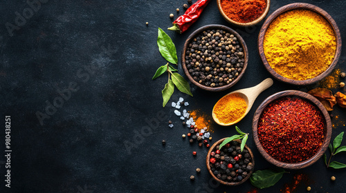 A colorful array of spices and herbs. Colorful spices, nuts, seeds, dried fruits, and herbal flowers. Seasoning spices background. Culinary traditions. Spices for cooking. Healthy food. Copy space 