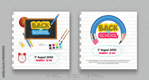 Back to School Social media Banner with Alarm Clock, Checkered Paper Colorful Pencil and Other Learning Items on Hand Drawn Doodles.