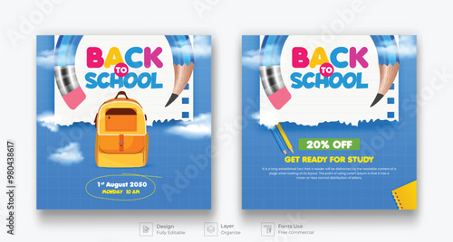 Back To School Social Media Post Template Set. Back To School Admission Promotion Banner. Alarm Clock, Checkered Paper Colorful Pencil and Other Learning Items on Hand Drawn Doodles.
