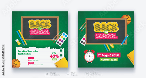 Back To School Social Media Post Template Set. Back To School Admission Promotion Banner. Alarm Clock, Checkered Paper Colorful Pencil and Other Learning Items on Hand Drawn Doodles.
