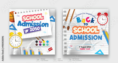 Back to School Social media Banner with Alarm Clock, Checkered Paper Colorful Pencil and Other Learning Items on Hand Drawn Doodles.