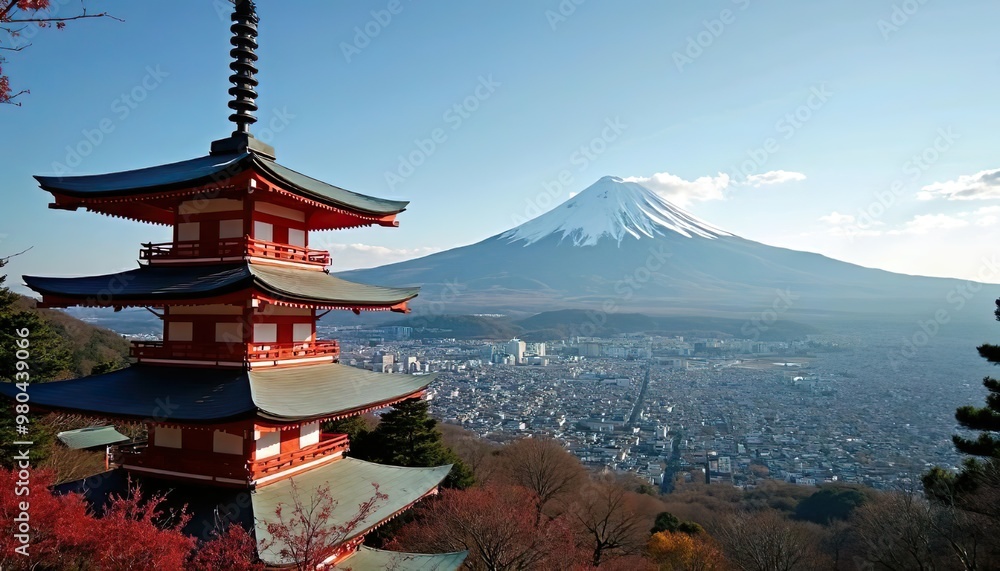 Japanese Pagoda with Mount Fuji in the Background. Japanese Pagoda with Mount Fuji in the Background.