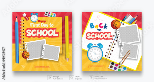 Back To School Social Media Post Template Set. Back To School Admission Promotion Banner. Alarm Clock, Checkered Paper Colorful Pencil and Other Learning Items on Hand Drawn Doodles.