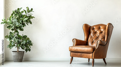 Luxury living room with armchairs and table. Accent empty wall with decorative plaster stucco, Chairs in room prepared for group psychotherapy session.