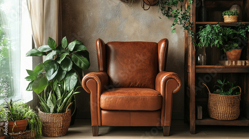 Luxury living room with armchairs and table. Accent empty wall with decorative plaster stucco, Chairs in room prepared for group psychotherapy session.