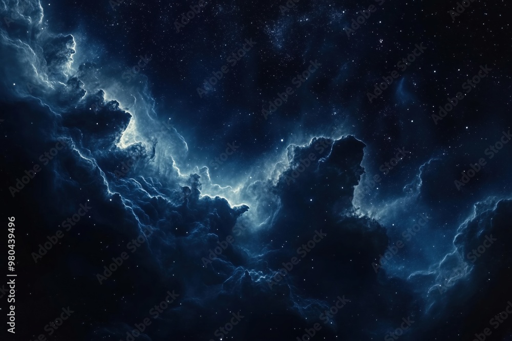 Fototapeta premium smoky blue clouds with a cosmic nebula illuminated against a dark sky full of stars.