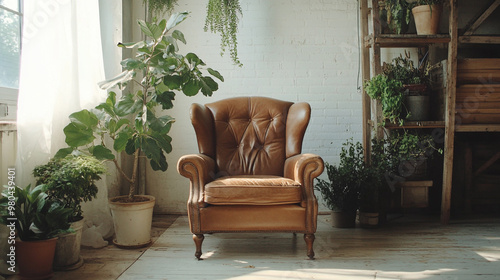 Luxury living room with armchairs and table. Accent empty wall with decorative plaster stucco, Chairs in room prepared for group psychotherapy session.