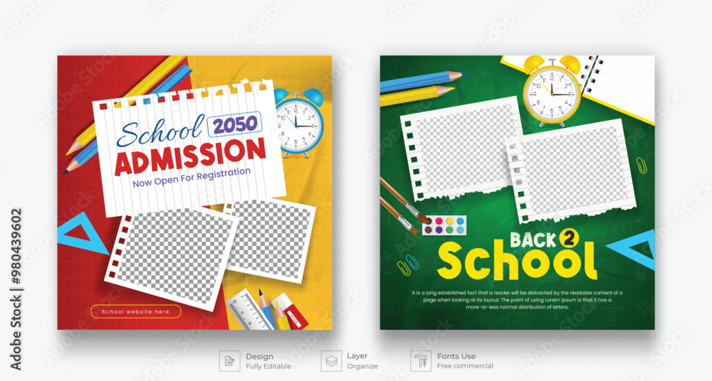 Back to school social media post template set. Back to school admission promotion banner.