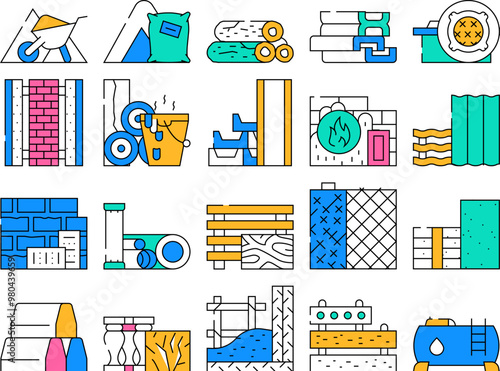 Building Material Collection Icons Set Vector. Metallic Armature Grid And Styrofoam, Bitumen And Concrete Brick Building Material Contour Illustrations