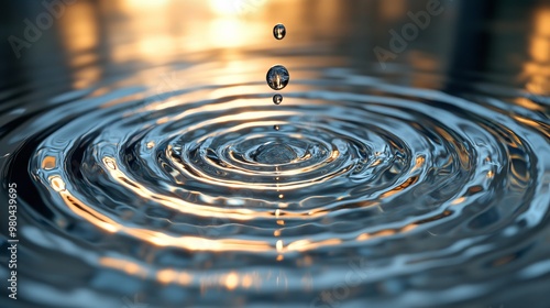 Wallpaper Mural Reflective metallic liquid, one drop falling from above, producing geometric ripples that distort light and shadow in complex patterns Torontodigital.ca