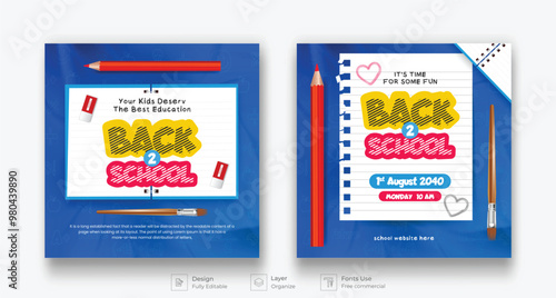 Back to school social media post template set. checkered paper learning elements icons for educational background. vector illustration back to school banner
