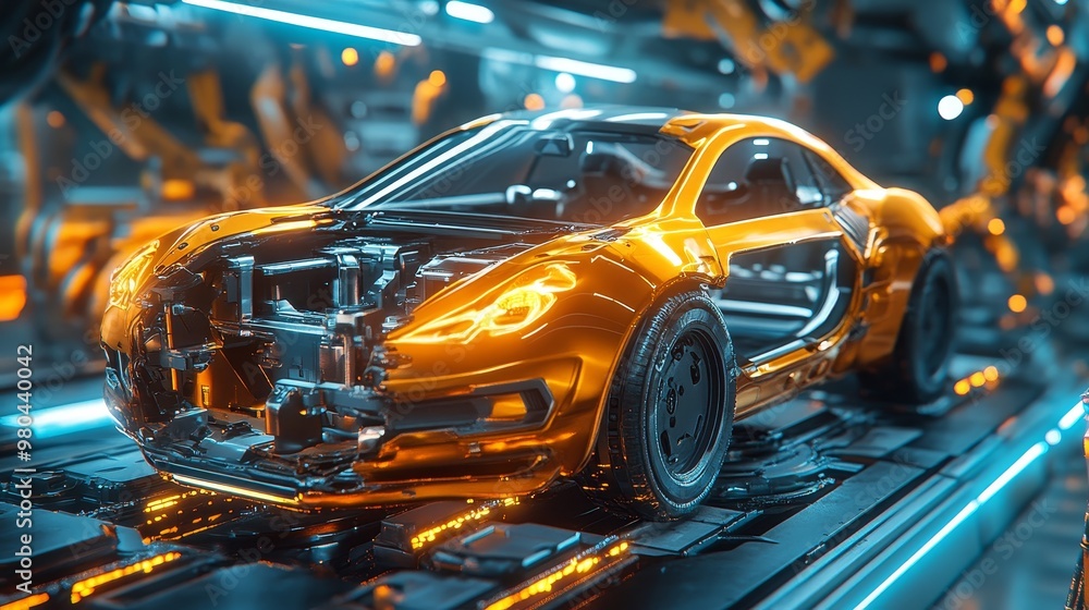 Robotic assembly line constructing an innovative car, sharp metallic finishes, futuristic tech and glowing control panels, smooth automated movements Robotic assembly line constructing an innovative car, sharp metallic finishes, futuristic tech and glowing control panels, smooth automated movements