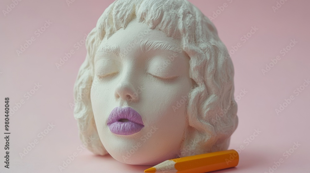 Fototapeta premium A stylized sculptural head with lavender lips rests beside an orange pencil on a pink background, showcasing artistic creativity and design
