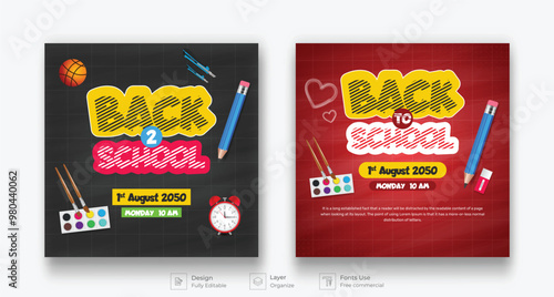 Back to school social media post template set. checkered paper learning elements icons for educational background. vector illustration back to school banner