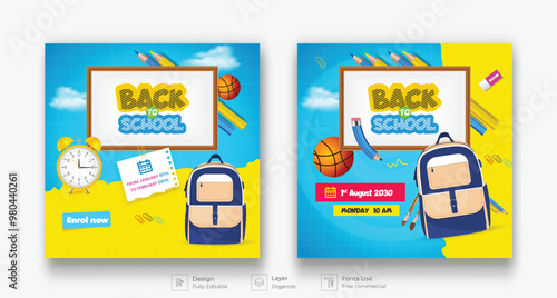 Back to school social media post template set. checkered paper learning elements icons for educational background. vector illustration back to school banner