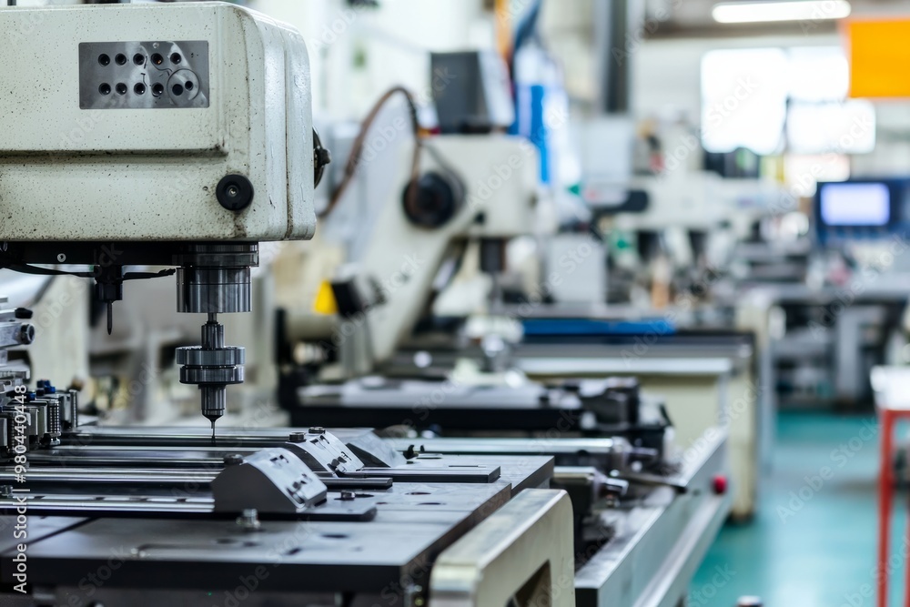 CNC Machine With Multiple Spindles Operates Simultaneously On Different Parts. The Workshop Is Busy With Various Machines In Action CNC Machine With Multiple Spindles Operates Simultaneously On Different Parts. The Workshop Is Busy With Various Machines In Action