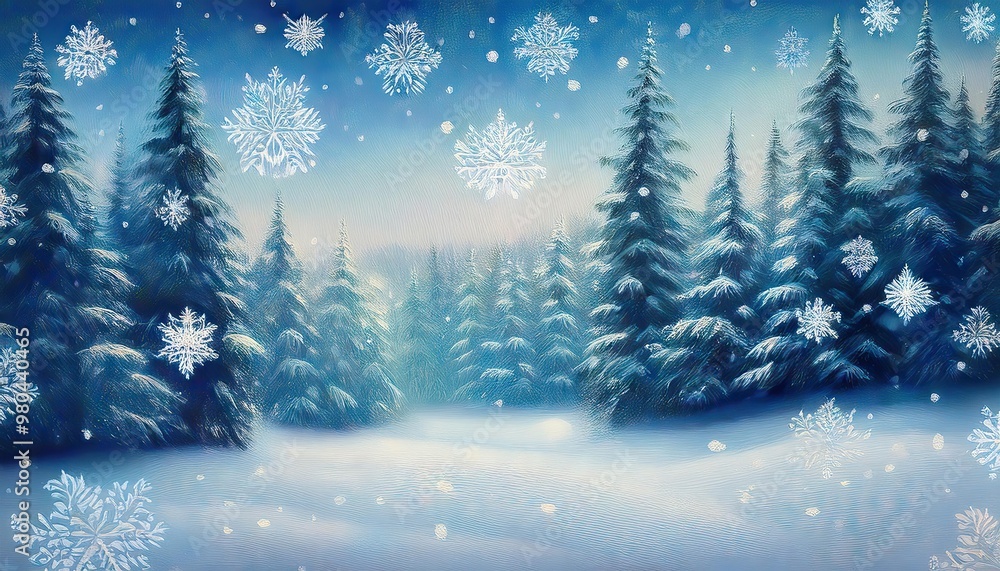 Winter wonderland scene with snowflakes and pine trees Winter wonderland scene with snowflakes and pine trees