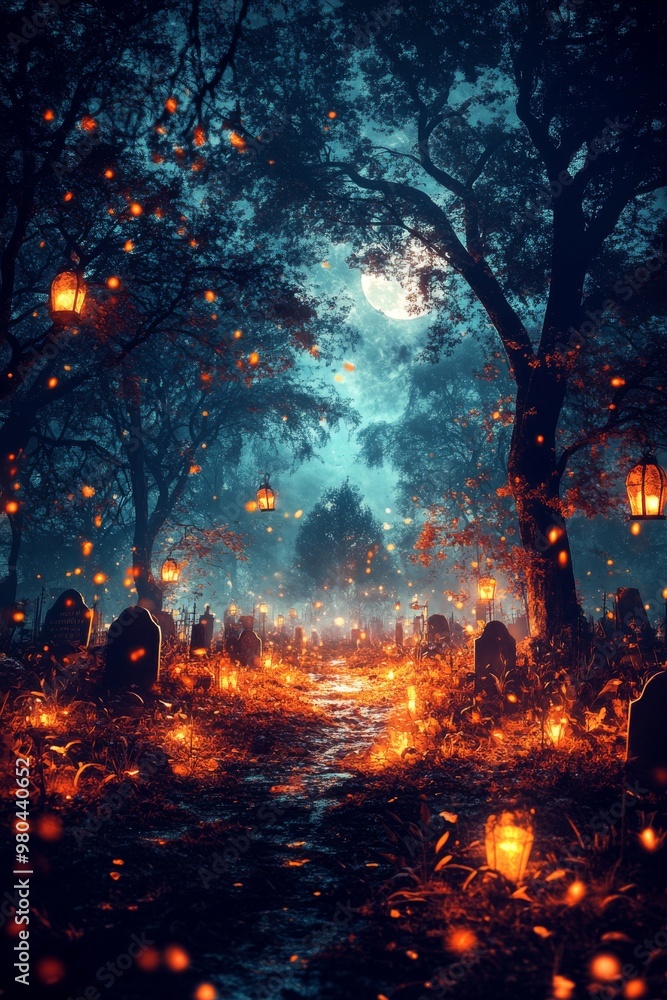 A spooky Halloween night in a misty graveyard illuminated by glowing lanterns and a full moon above A spooky Halloween night in a misty graveyard illuminated by glowing lanterns and a full moon above