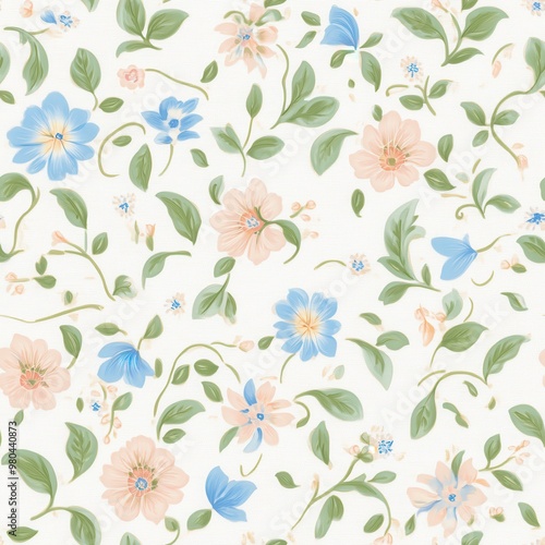 Delicate floral pattern featuring soft pink and blue blooms on a light background, perfect for elegant decor.